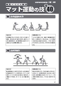 楽しい体育の授業 21年7月号 掲示にもカードにもフル活用できる 総覧イラスト解説 マット運動の技全40 小さな川とび 大きな川とび 大きな川わたり 大の字回り 背支持からの起き上がり 前転 大きな前転 開脚前転